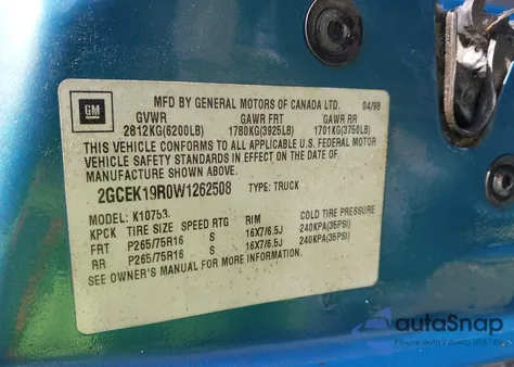 1998 Chevrolet K1500 Fleetside из США, поврежденный, VIN 2GCEK19R0W1262508